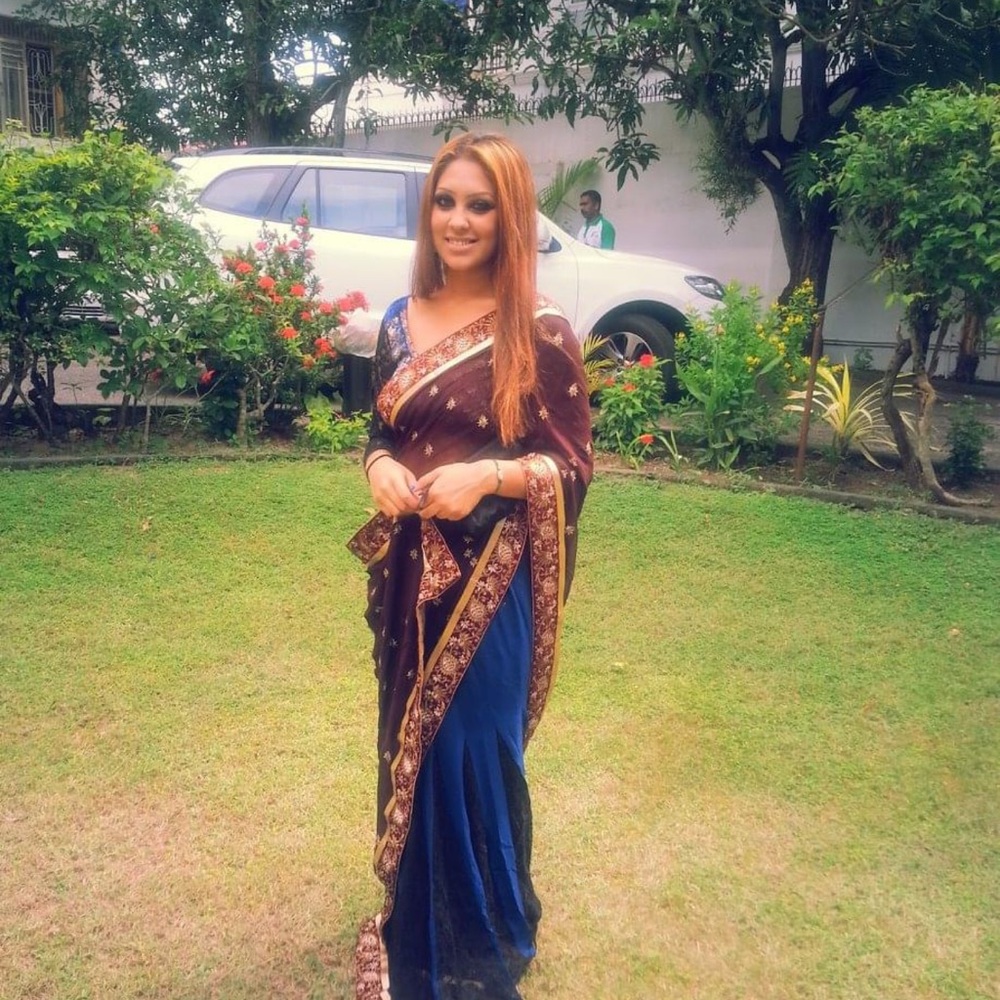 Brown blue Lehenga saree